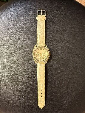 Michael Kors Cream Leather Strap Chronograph Watch with Crystal Accents